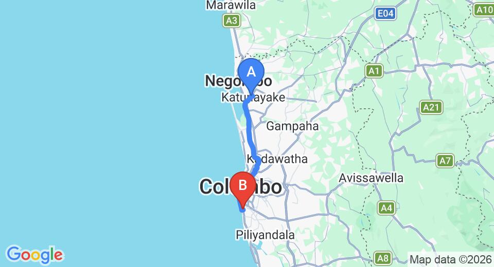 Driving route map: Colombo Airport (CMB) to Omega Regency, Colombo (40 km, approx 1 h 0 min private transfer)