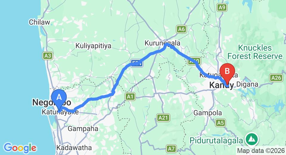 Driving route map: Colombo Airport (CMB) to Kandy Rivers Edge Nature Resort, Kandy (117 km, approx 2 h 58 min private transfer)