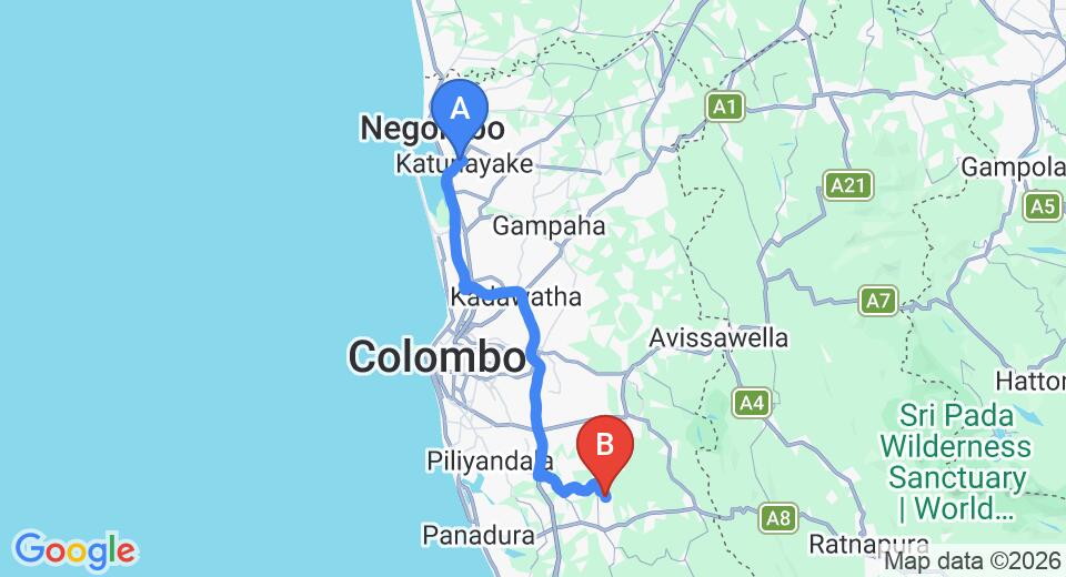 Driving route map: Colombo Airport (CMB) to Cinnamon Eco Lodge, Horana (68 km, approx 1 h 13 min private transfer)