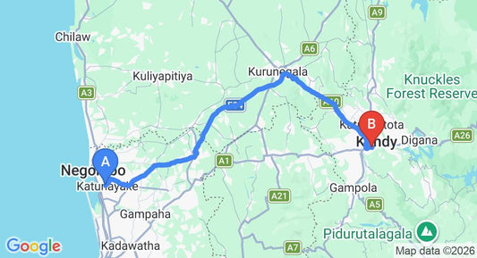 Driving route map: Colombo Airport (CMB) to Feel Home, Kandy (114 km, approx 2 h 50 min private transfer)