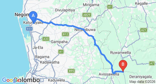 Driving route map: Colombo Airport (CMB) to Dehiowita (60 km, approx 1 h 43 min private transfer)