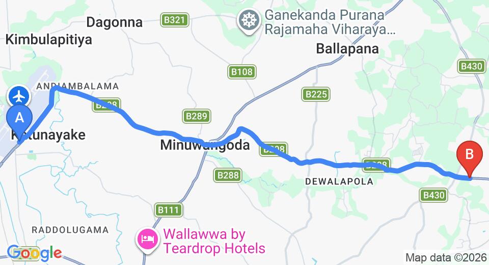Driving route map: Colombo Airport (CMB) to The Covanro, Veyangoda (19 km, approx 38 min private transfer)