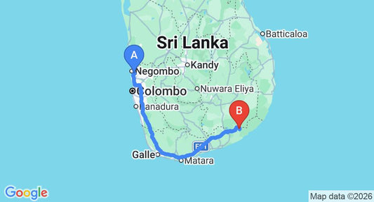 Driving route map: Colombo Airport (CMB) to Leopard Trails, Yala (291 km, approx 3 h 57 min private transfer)