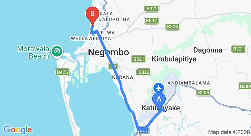 Driving route map: Colombo Airport (CMB) to New Rani Inn, Negombo (12 km, approx 28 min private transfer)
