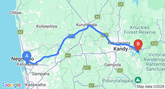 Driving route map: Colombo Airport (CMB) to Fourteen at Victoria Golf and Country Resort, Kandy (131 km, approx 3 h 23 min private transfer)