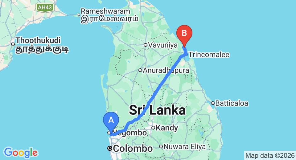 Driving route map: Colombo Airport (CMB) to Nilaveli Crystal Blue Hotel, Nilaveli (254 km, approx 5 h 14 min private transfer)
