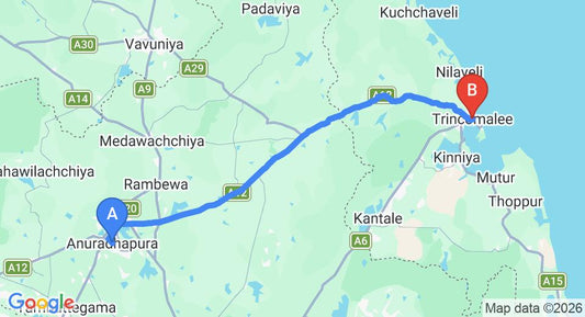 Driving route map: Anuradhapura to Trincomalee (108 km, approx 2 h 4 min private transfer)