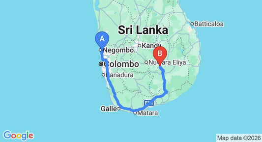 Driving route map: Colombo Airport (CMB) to Hotel Country Comfort, Ella (336 km, approx 4 h 58 min private transfer)