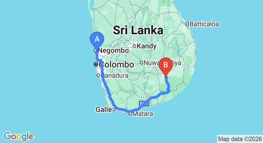 Driving route map: Colombo Airport (CMB) to Wild Escape, Buttala (318 km, approx 4 h 22 min private transfer)