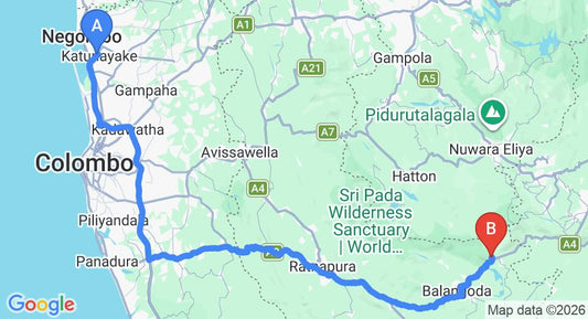 Driving route map: Colombo Airport (CMB) to Jungle Rest Belihuloya, Belihuloya (179 km, approx 4 h 8 min private transfer)
