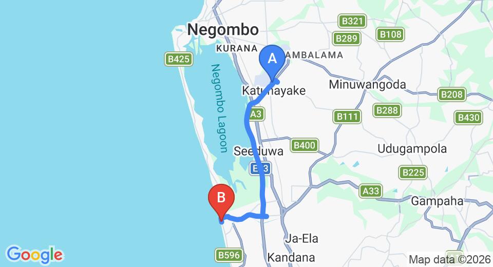 Driving route map: Colombo Airport (CMB) to Seaside Villa, Pamunugama (16 km, approx 24 min private transfer)