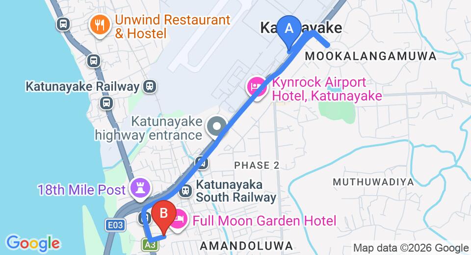 Driving route map: Colombo Airport (CMB) to Full Moon Garden Hotel, Katunayake (4 km, approx 10 min private transfer)
