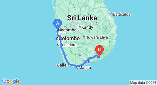 Driving route map: Colombo Airport (CMB) to My Village, Tissamaharama (280 km, approx 3 h 46 min private transfer)