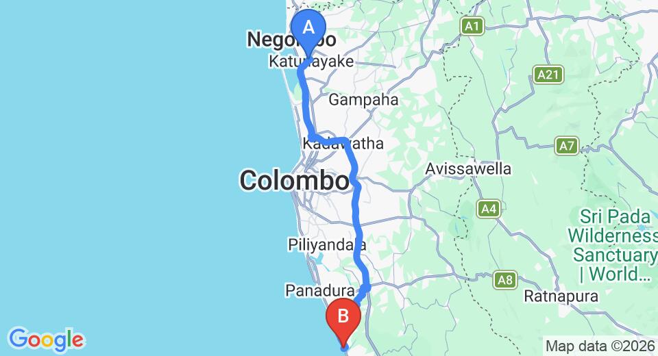Driving route map: Colombo Airport (CMB) to Garden Beach Hotel Kalutara, Kalutara (82 km, approx 1 h 29 min private transfer)