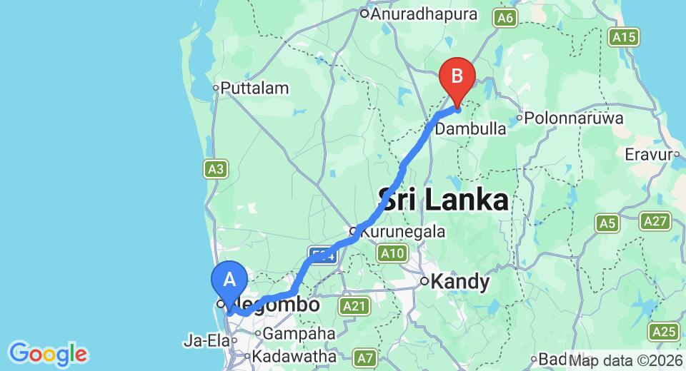 Driving route map: Colombo Airport (CMB) to Sigiriya Resort, Sigiriya (146 km, approx 3 h 13 min private transfer)