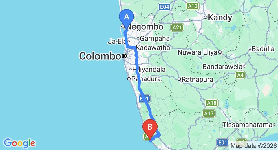 Driving route map: Colombo Airport (CMB) to Royal Beach Hotel, Hikkaduwa (144 km, approx 2 h 8 min private transfer)
