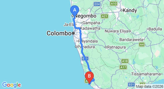 Driving route map: Colombo Airport (CMB) to Villa 46, Hikkaduwa (144 km, approx 2 h 8 min private transfer)