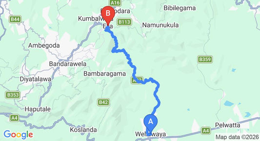 Driving route map: Wellawaya to Ella (27 km, approx 43 min private transfer)