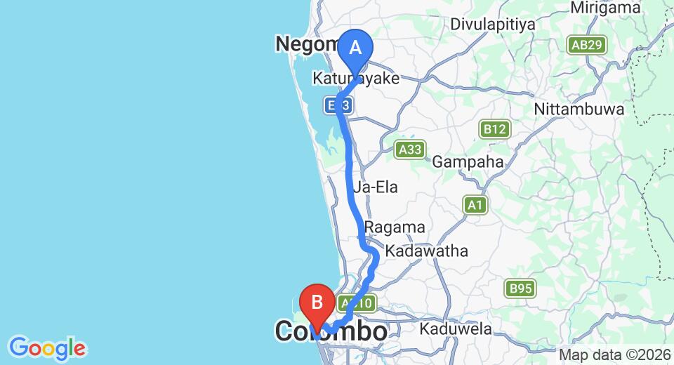 Driving route map: Colombo Airport (CMB) to Taj Samudra, Colombo (36 km, approx 48 min private transfer)