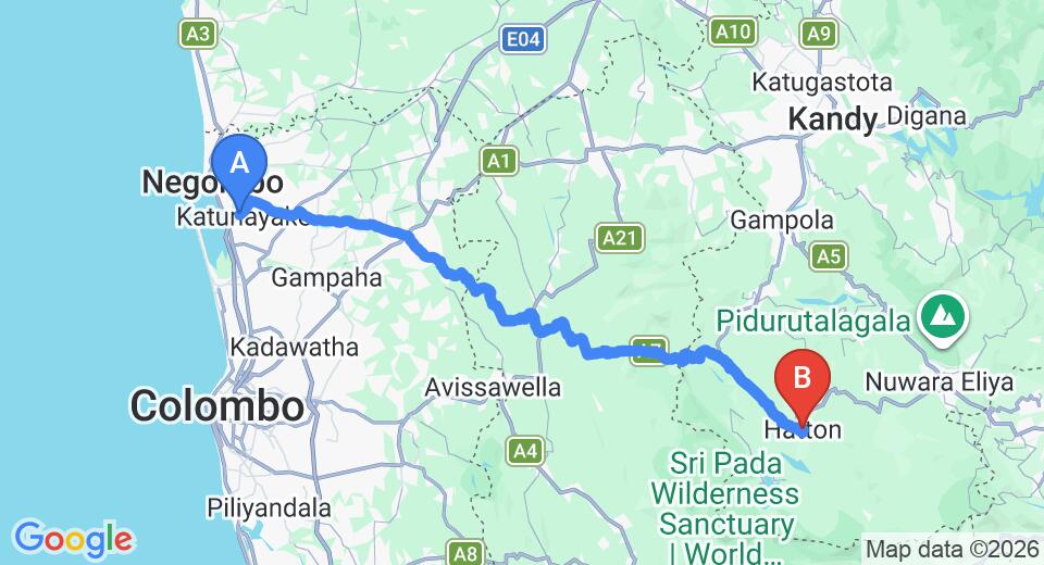 Driving route map: Colombo Airport (CMB) to The Waterfall Resort, Hatton (116 km, approx 3 h 36 min private transfer)