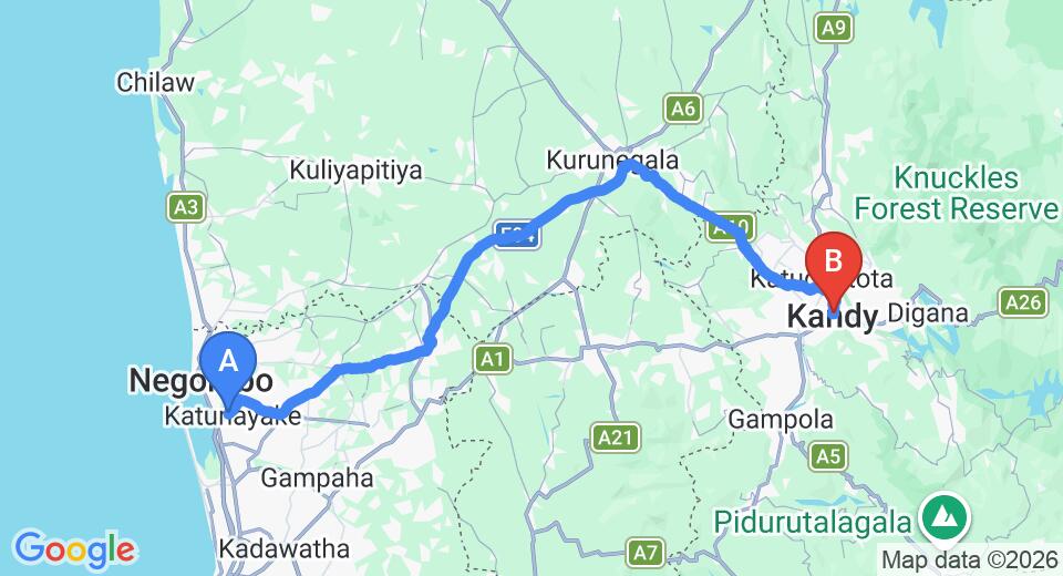 Driving route map: Colombo Airport (CMB) to Hotel Country Garden, Kandy (114 km, approx 2 h 49 min private transfer)