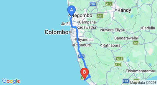 Driving route map: Colombo Airport (CMB) to Time N Tide Beach Resort, Hikkaduwa (144 km, approx 2 h 9 min private transfer)