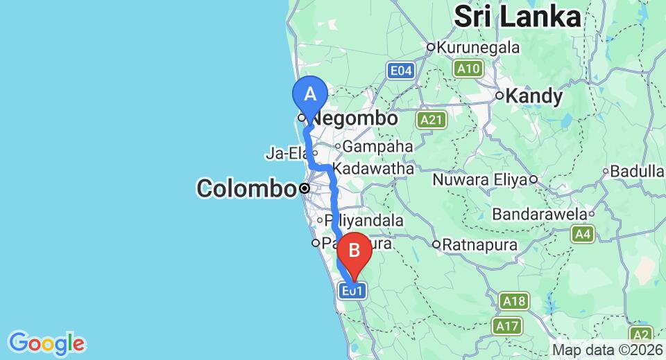 Driving route map: Colombo Airport (CMB) to Plantation Villa, Kalutara (87 km, approx 1 h 19 min private transfer)