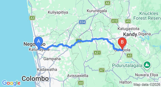 Driving route map: Colombo Airport (CMB) to Hotel Bin - Vino, Gampola (105 km, approx 3 h 8 min private transfer)