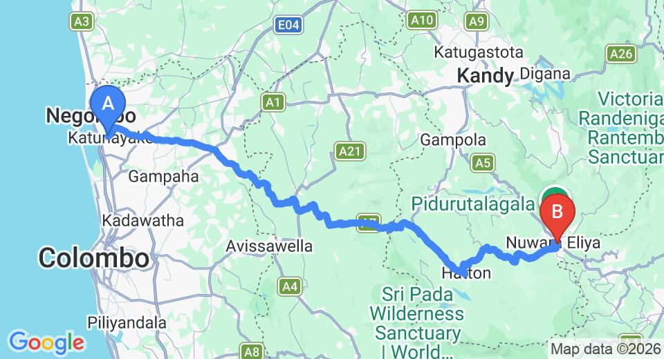Driving route map: Colombo Airport (CMB) to Hotel Anish Park, Nuwara Eliya (153 km, approx 4 h 43 min private transfer)