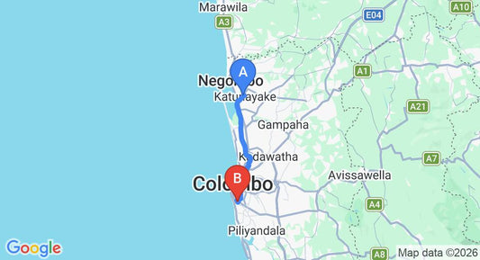 Driving route map: Colombo Airport (CMB) to Havelock Residencies, Colombo (37 km, approx 54 min private transfer)
