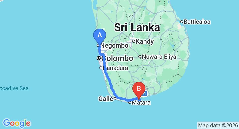 Driving route map: Colombo Airport (CMB) to Mawella Beach Resort, Tangalle (215 km, approx 2 h 57 min private transfer)