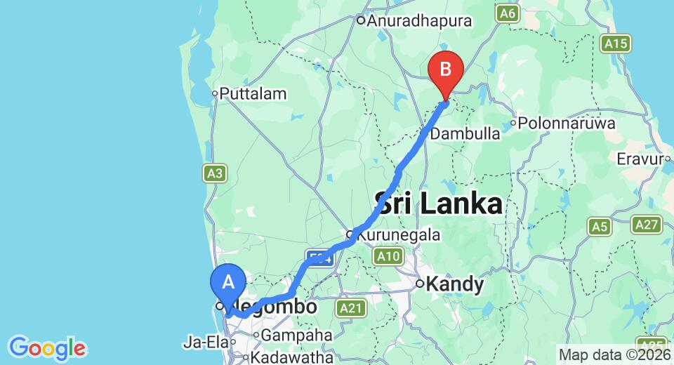 Driving route map: Colombo Airport (CMB) to Sigiriya Jungles, Sigiriya (147 km, approx 3 h 10 min private transfer)
