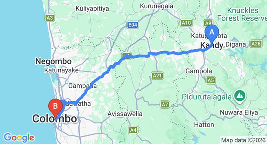 Driving route map: Kandy to Colombo (121 km, approx 3 h 22 min private transfer)