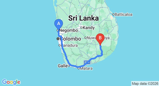 Driving route map: Colombo Airport (CMB) to Galapita (320 km, approx 4 h 22 min private transfer)