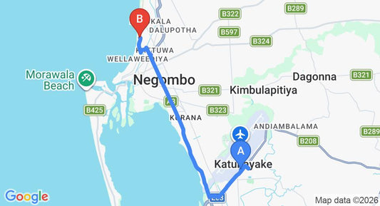 Driving route map: Colombo Airport (CMB) to Golden Star Beach Hotel, Negombo (12 km, approx 29 min private transfer)