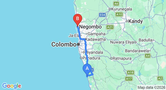 Driving route map: Bentota to Negombo (110 km, approx 1 h 44 min private transfer)