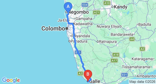 Driving route map: Colombo Airport (CMB) to Fort Fifty Inn, Galle (153 km, approx 2 h 13 min private transfer)