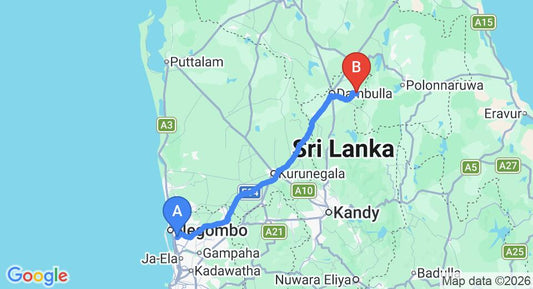 Driving route map: Colombo Airport (CMB) to Kottegoda (146 km, approx 3 h 14 min private transfer)