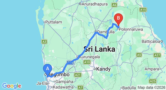 Driving route map: Colombo Airport (CMB) to VGN Homestay, Polonnaruwa (200 km, approx 4 h 9 min private transfer)