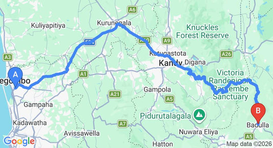 Driving route map: Colombo Airport (CMB) to Hotel Onix, Badulla (226 km, approx 5 h 43 min private transfer)