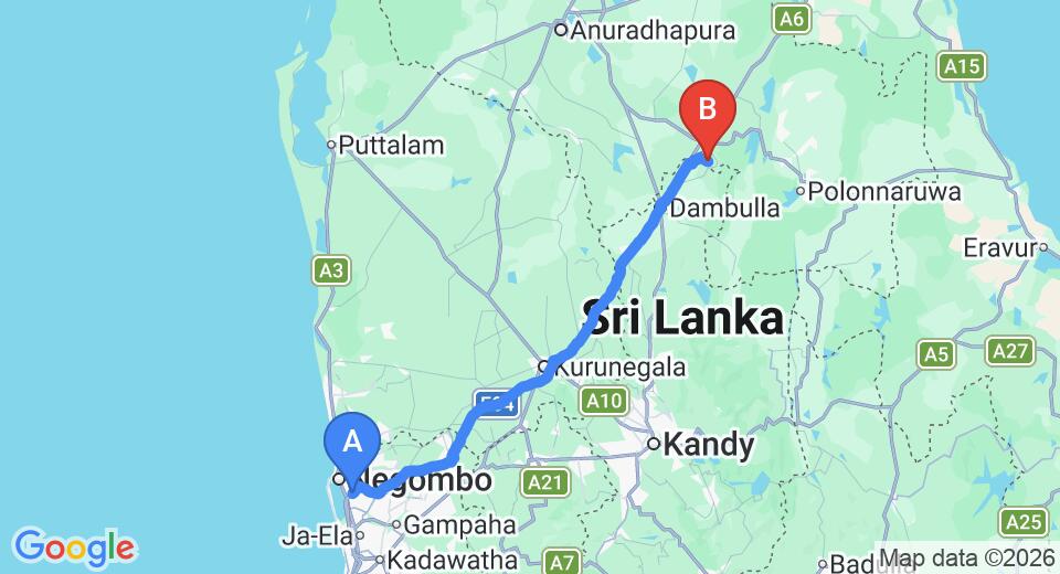 Driving route map: Colombo Airport (CMB) to Amelia Resort, Sigiriya (151 km, approx 3 h 19 min private transfer)
