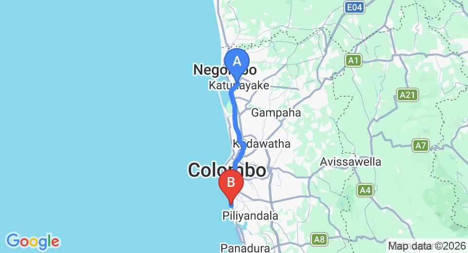 Driving route map: Colombo Airport (CMB) to Mount Air Inn, Mount Lavinia (43 km, approx 1 h 10 min private transfer)