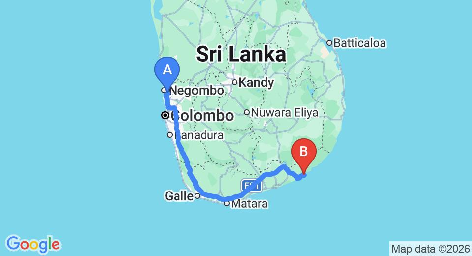 Driving route map: Colombo Airport (CMB) to Chena Huts by Uga Escapes, Yala (301 km, approx 4 h 26 min private transfer)