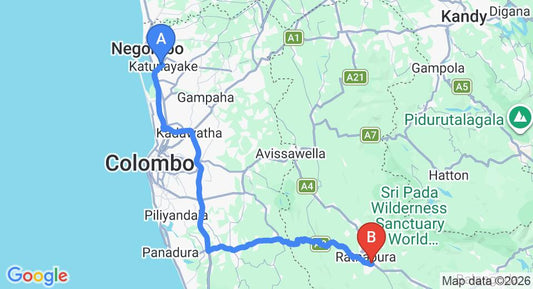 Driving route map: Colombo Airport (CMB) to Ratnapura Rest House, Ratnapura (121 km, approx 2 h 38 min private transfer)