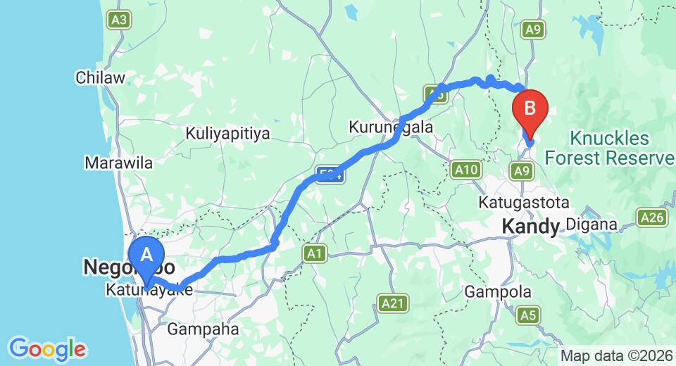 Driving route map: Colombo Airport (CMB) to Chateau Holiday Bungalow, Matale (126 km, approx 3 h 1 min private transfer)