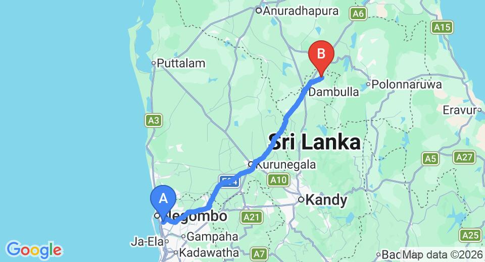 Driving route map: Colombo Airport (CMB) to Palitha Homestay, Sigiriya (144 km, approx 3 h 9 min private transfer)