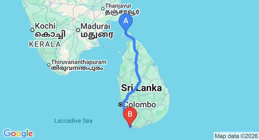 Driving route map: Jaffna (JAF) Airport to Unawatuna (510 km, approx 9 h 18 min private transfer)
