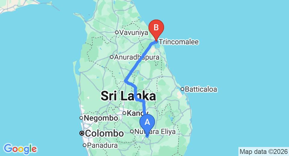 Driving route map: Ella to Trincomalee (269 km, approx 5 h 45 min private transfer)
