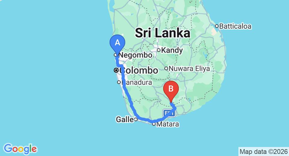 Driving route map: Colombo Airport (CMB) to Pavana Resort, Embilipitiya (244 km, approx 3 h 13 min private transfer)