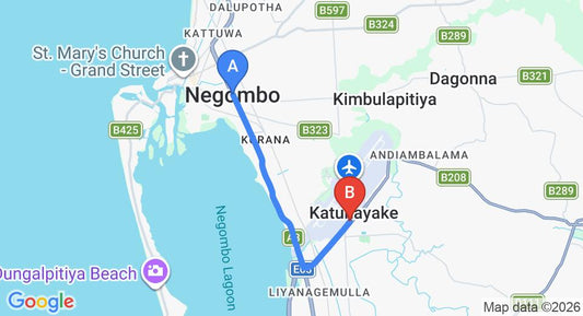 Driving route map: Negombo to Colombo Airport (CMB) (8 km, approx 14 min private transfer)